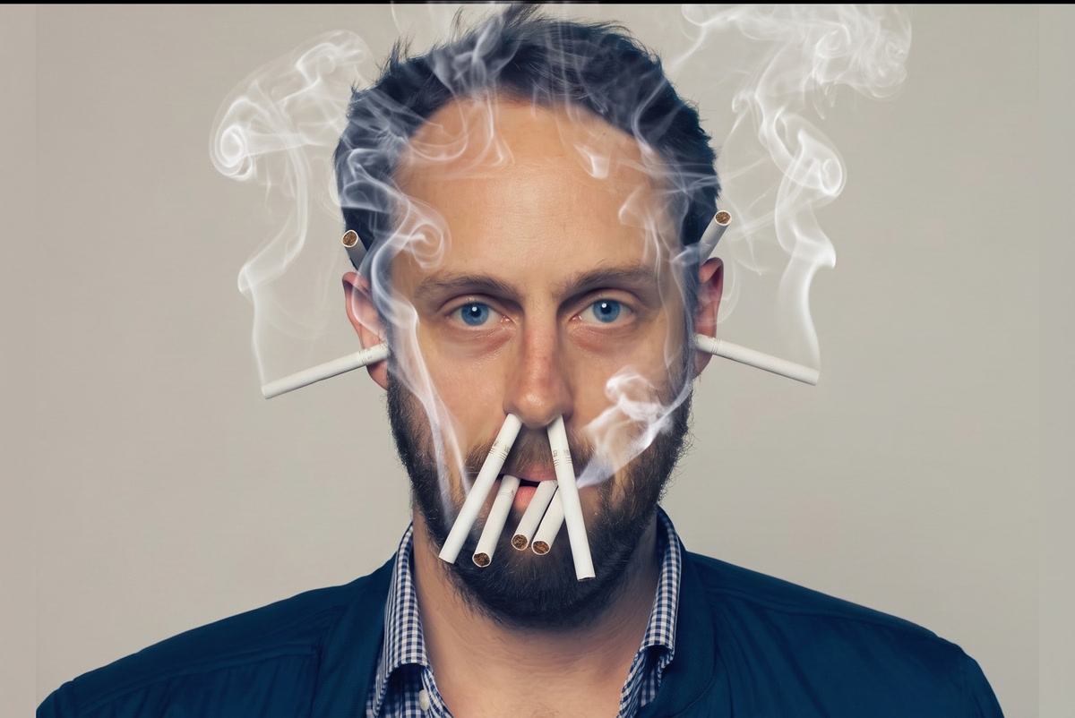 Alex Spresser facing camera, cigarettes tucked behind his ears and in his mouth, smoke rising against a grey backdrop